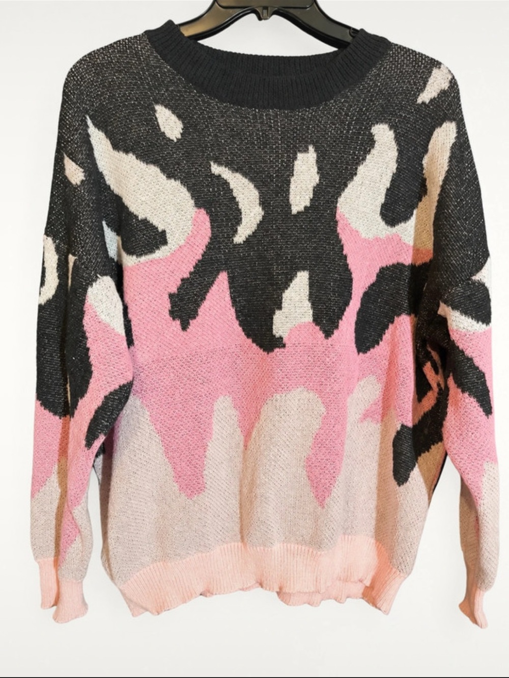Women's Crewneck Abstract Colorblock Sweater - Pink & Black